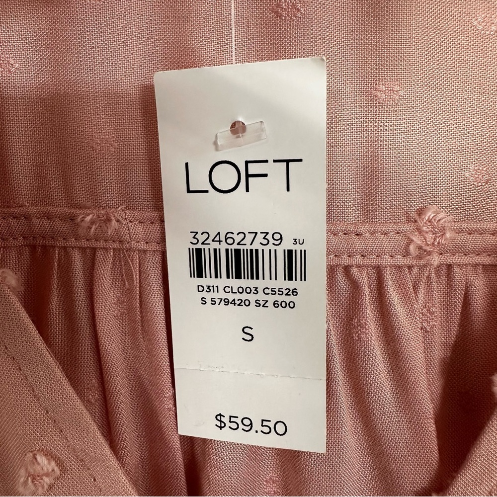 NWT Loft Pink Top Swiss Dot Tie Neck Long Sleeves 100% Rayon Button Front Small - Picture 3 of 5